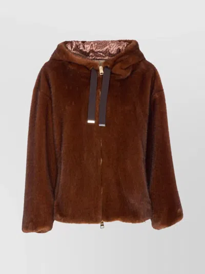 HERNO FAUX FUR DRAWSTRING HOODED BOMBER JACKET