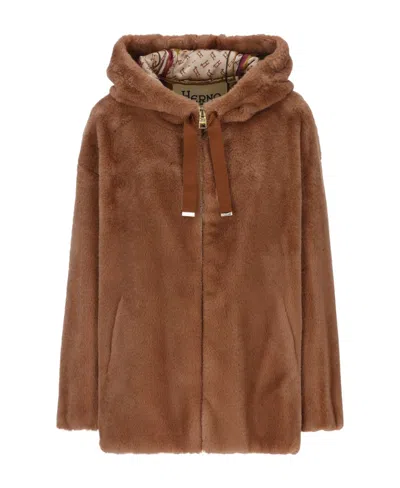 Herno Faux-fur Hooded Jacket In Brown