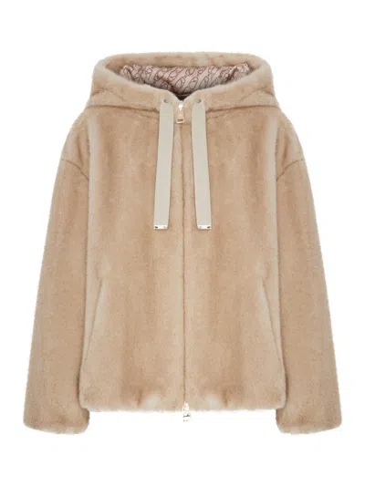 Herno Faux Fur Hooded Jacket In Nude