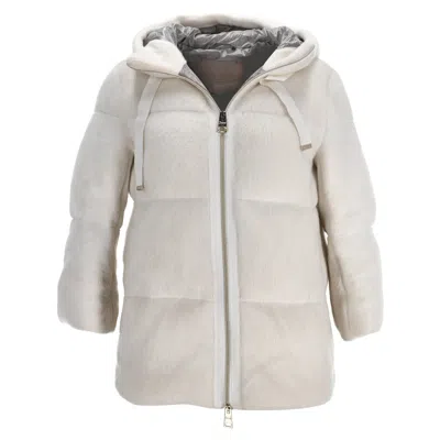 Herno Faux Fur Hooded Puffer Jacket In White Acrylic In Neutral