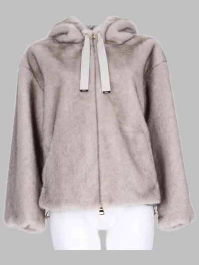 Herno Eco-fur Bomber Jacket With Hood And Ribbon Drawstrings In Yellow
