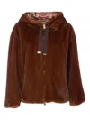 Herno Dark Brown Faux Fur Bomber Jacket With Custom Drawstring Hood In Brown