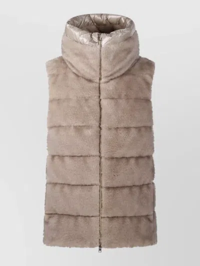 Herno Faux Fur Padded Waistcoat High Collar In Brown