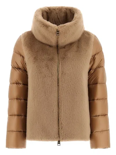Herno High Neck Faux Fur-lined Down Jacket With Boxy Silhouette In Brown