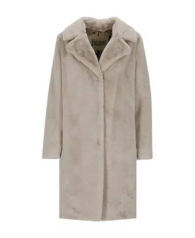 Herno Faux-fur Single-breasted Coat In Nude