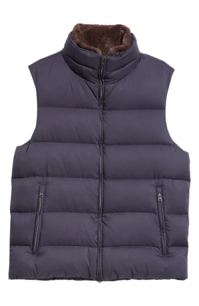 Herno Faux Fur Trim Quilted Puffer Vest In Blue Navy