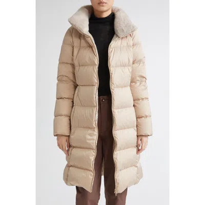 Herno Faux Fur Trim Satin Down Coat In Neutral