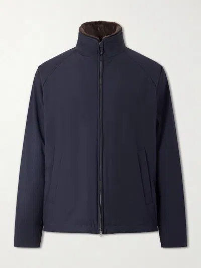 Herno Faux Fur Trimmed Bomber Jacket In Blue