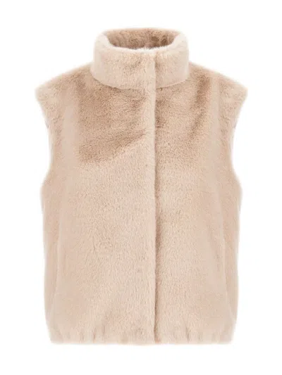 Herno Faux Fur Vest With High Collar And Concealed Closure In Brown
