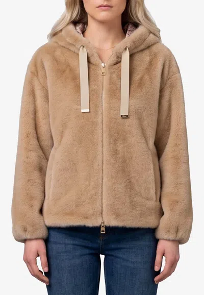Herno Faux Fur Zip-up Jacket In Beige