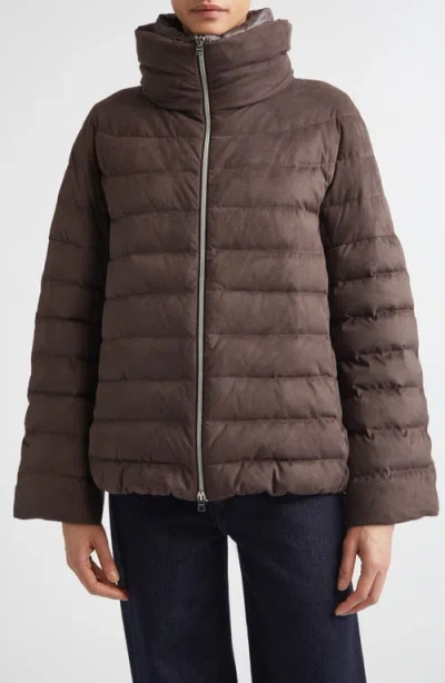 Herno Faux Suede Quilted Down Puffer Jacket In Brown