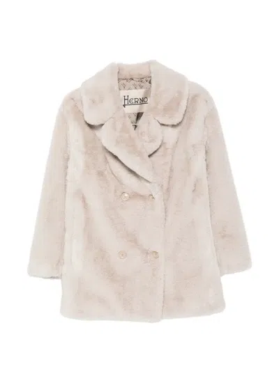 Herno Faux-fur Double-breasted Coat In Neutral