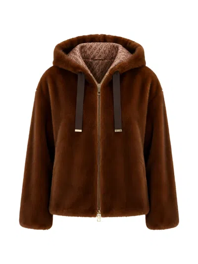 Herno Soft Faux Fur Short Bomber Jacket With Adjustable Hem In Brown