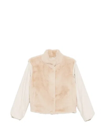 Herno Short Jacket Faux Fur Texture High Collar In Neutral
