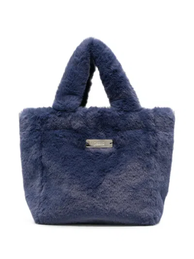 Herno Faux-fur Logo-plaque Tote Bag In Blue