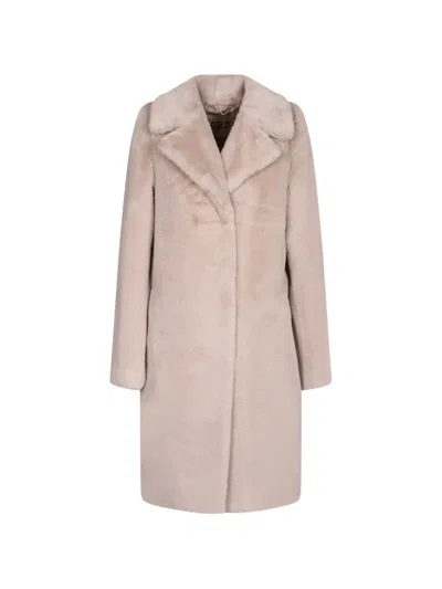 Herno Faux-fur Notched-lapels Coat In Neutral