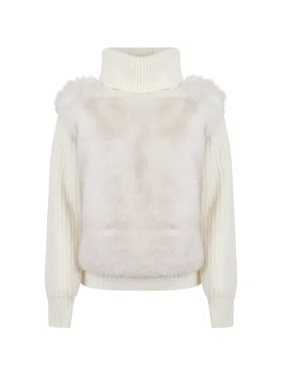 Herno Faux-fur Panel Roll-neck Sweater In Neutral