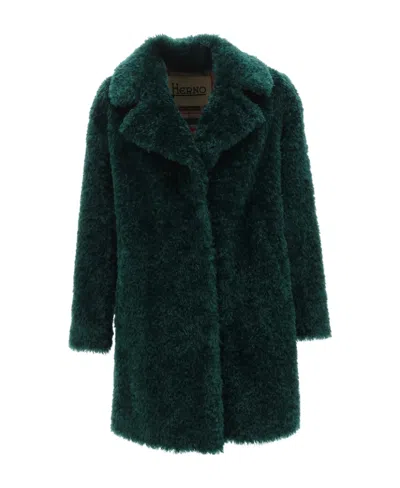 Herno Faux-fur Single-breasted Long Sleeved Coat In Green