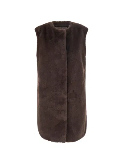 Herno Sleeveless Mid Length Faux Fur Nylon Silk Coat In Brown