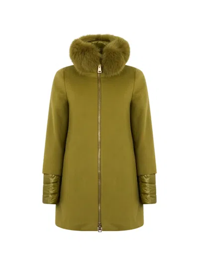 Herno Faux-fur Trim Cashmere Coat In Green