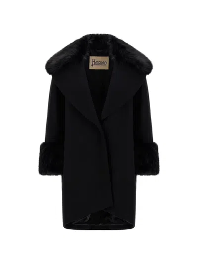 Herno Faux-fur Trim Maxi-lapel Coat In Black