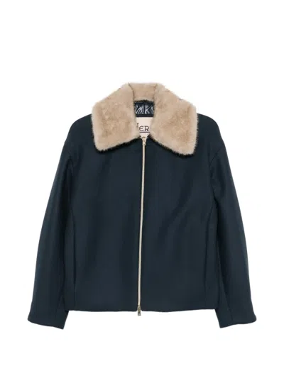 Herno Faux-fur-collar Zip-up Jacket In Blue