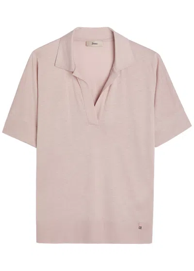 Herno Mc Nude Knit Polo Shirt Golden Logo In Brown