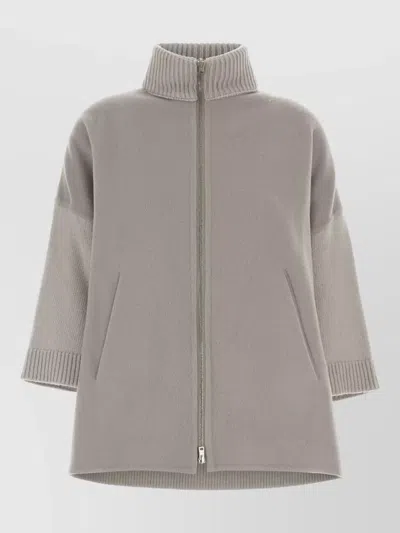 Herno Flannel Wool Cardigan Cable Knit High Collar In Gray
