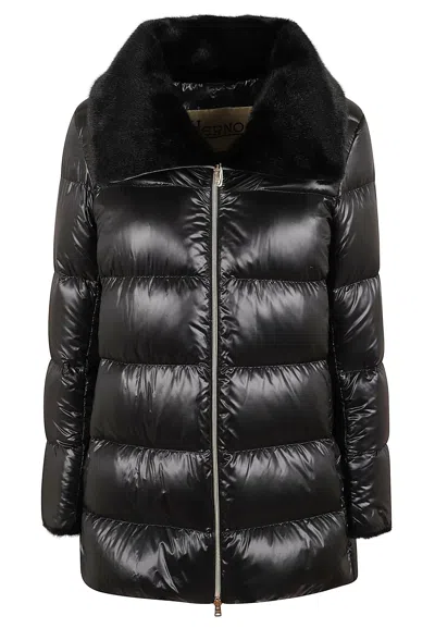 Herno Flared A-shape Down Jacket With Faux Fur Collar In Black