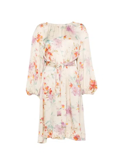 Herno Viscose Floral Dress Long Sleeves Belt In Multi