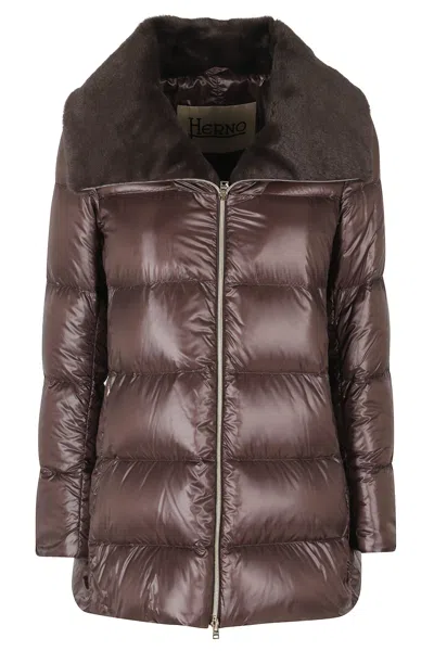 Herno Fondente A-shape Fur Collar Double-slider Zip Polyamide Down Jacket In Brown