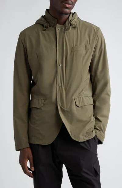 Herno Four Way Stretch Coated Blazer Jacket With Removable Hood In Olive