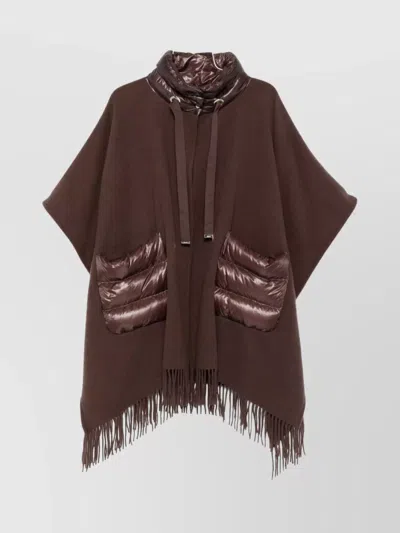 Herno Fringed Poncho With High Neck And Hood In Brown