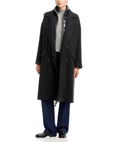 Herno Fringed Teddy Boucle Knit Contrast Trim Coat In Black