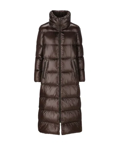 Herno Funnel-neck Quilted Down Midi Coat In Brown