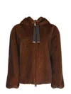 Herno Dark Brown Faux Fur Bomber Jacket With Custom Drawstring Hood In Brown