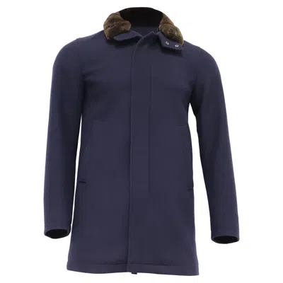 Herno Fur-trimmed Collar Coat In Navy Blue Wool