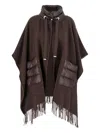 Herno Brown Cape With Drawstring Collar And Fringed Hem In Tech Fabric Woman