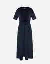 Herno Blue Crewneck Midi Dress With Elastic Drawstring Waist And Panelled Design In Navy Blue