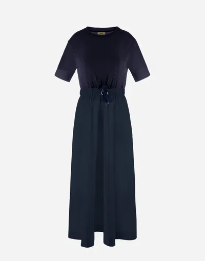 Herno Blue Crewneck Midi Dress With Elastic Drawstring Waist And Panelled Design In Multicolor