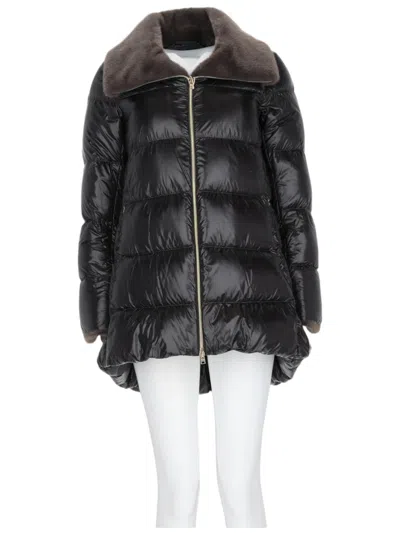 Herno Glossy Padded A-line Jacket With Flared Hem And Unique Collar In Black