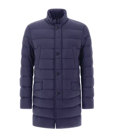 Herno Midnight Blue Polyester Down Jacket In Animal Print