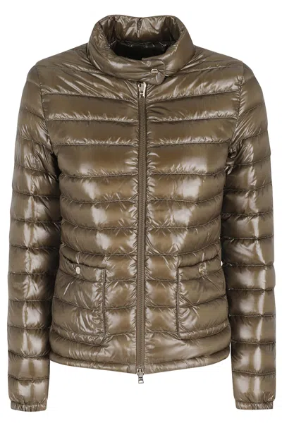 Herno Green Round Neck Button-patch Zip-front Polyamide Down Jacket In Brown