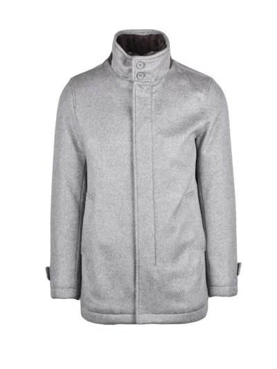 Herno Grey Caban Removable Fur Collar Cashmere Coat In Gray