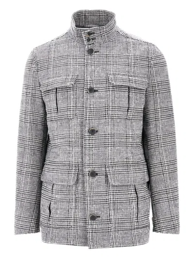 HERNO HERNO GREY CHECKED JACKET WITH HIGH COLLAR