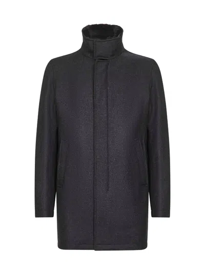 Herno Grey Easy Wool And Light Faux Fur Carcoat In Black