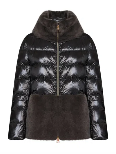 Herno Grey Ultralight Nylon And Lady Alternative Fur Cape In Brown