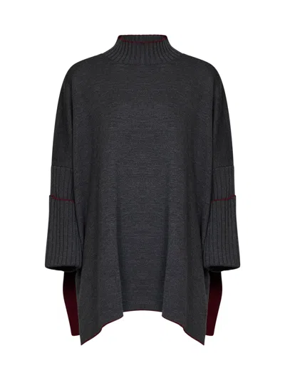 Herno Grey Virgin Wool Knit Poncho-style Top In Black