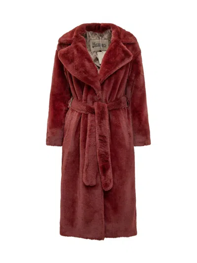 Herno Red Synthetic Fur Coat With Belt