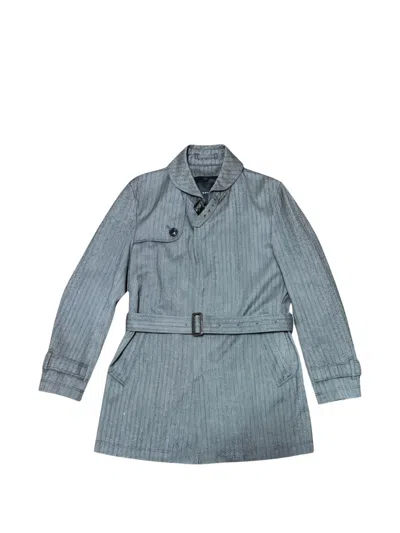 Herno Herringbone-pattern Belted Coat In Blue